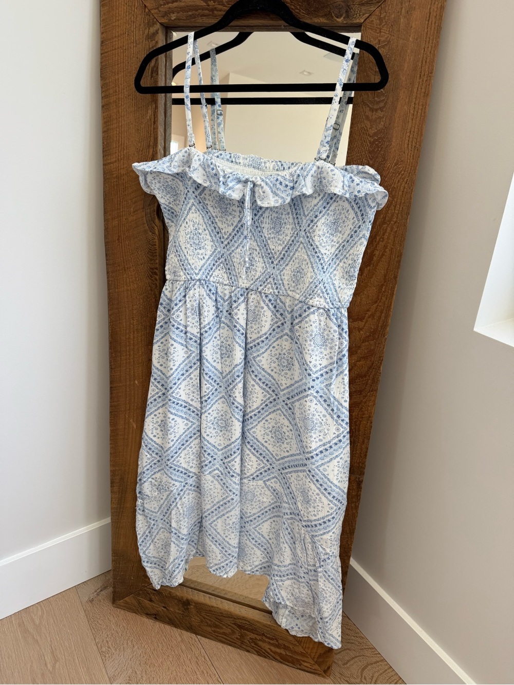 Hollister Light Blue & White Smocked Ruffle Midi Dress